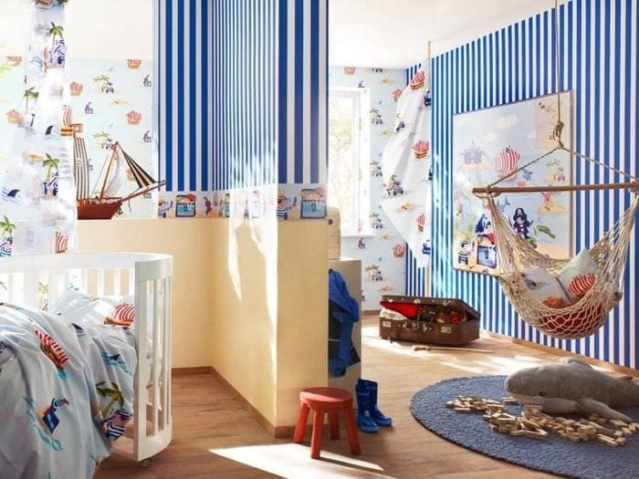 Дизайн обоев для детской комнаты для мальчика в морском стиле 