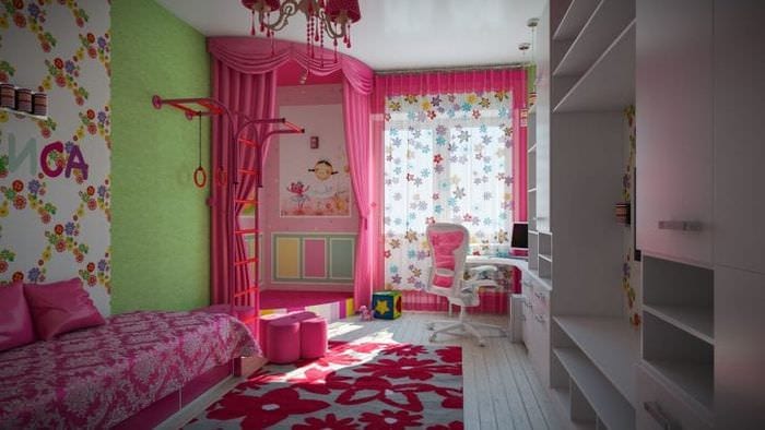 Дизайн обоев детской комнаты для девочек с яркими красными акцентами