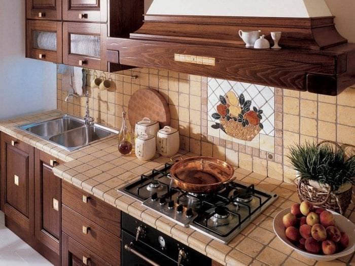 красивый фартук из плитки стандартного формата с изображением в стиле кухни