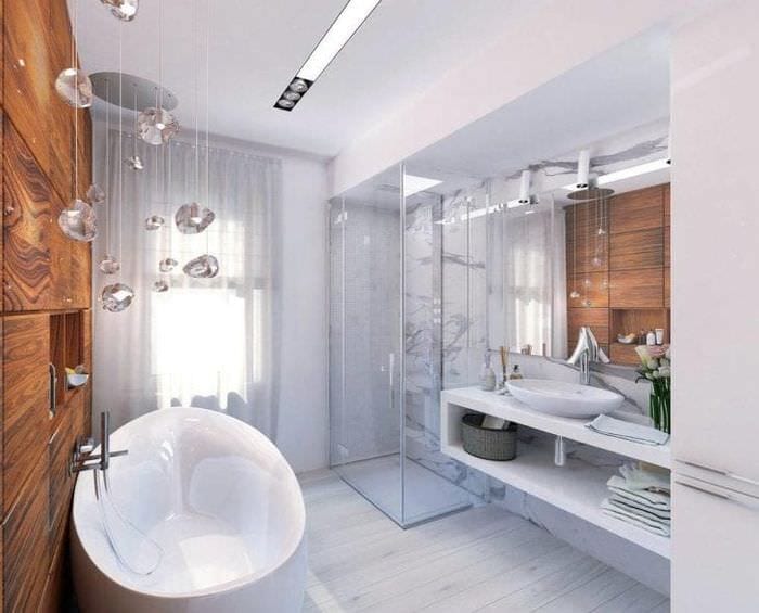 светлый дизайн ванной комнаты с душем в светлых тонах