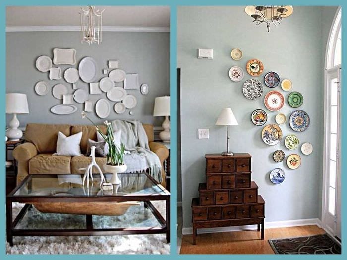 идея яркого дизайна комнаты с декоративными тарелками на стену