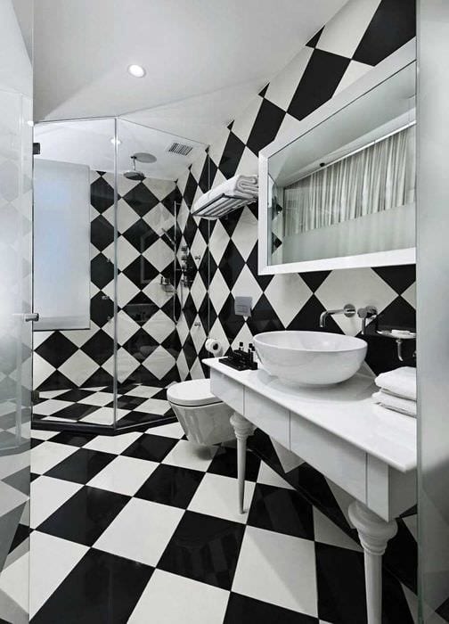 идея красивого интерьера ванной комнаты в черно-белых тонах