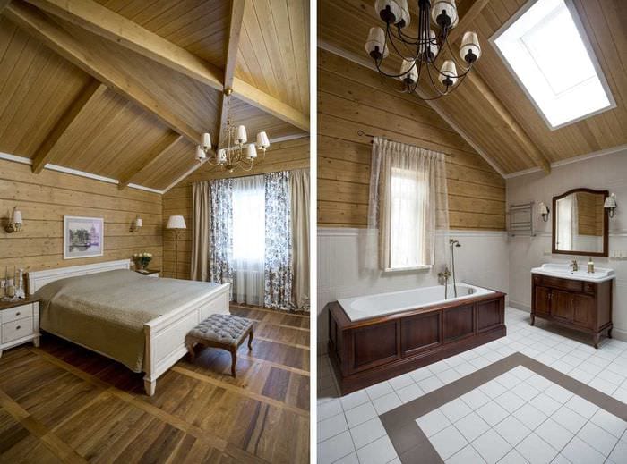 идея яркого дизайна ванной комнаты в деревянном доме