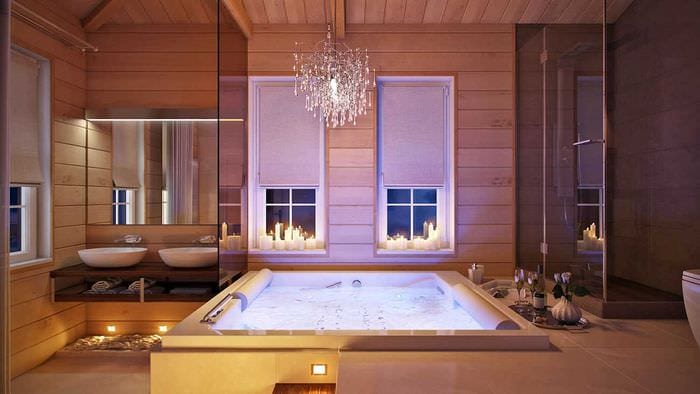 вариант необычного интерьера ванной в деревянном доме