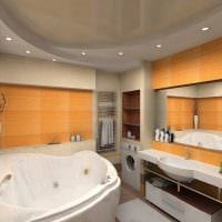 идея яркого интерьера ванной комнаты с угловой ванной фото