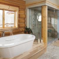 идея современного дизайна ванной комнаты в деревянном доме фото