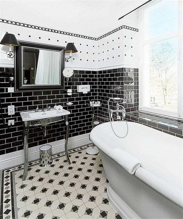 идея красивого дизайна ванной комнаты в черно-белых тонах