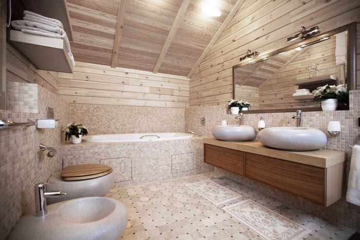 вариант необычного дизайна ванной комнаты в деревянном доме