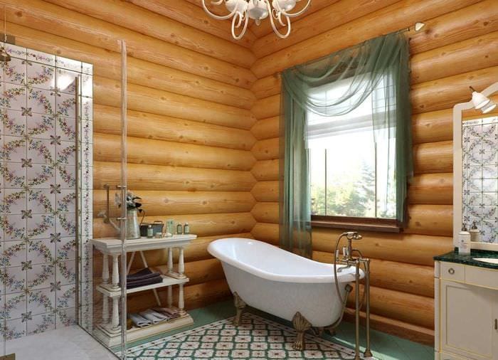 идея яркого интерьера ванной комнаты в деревянном доме