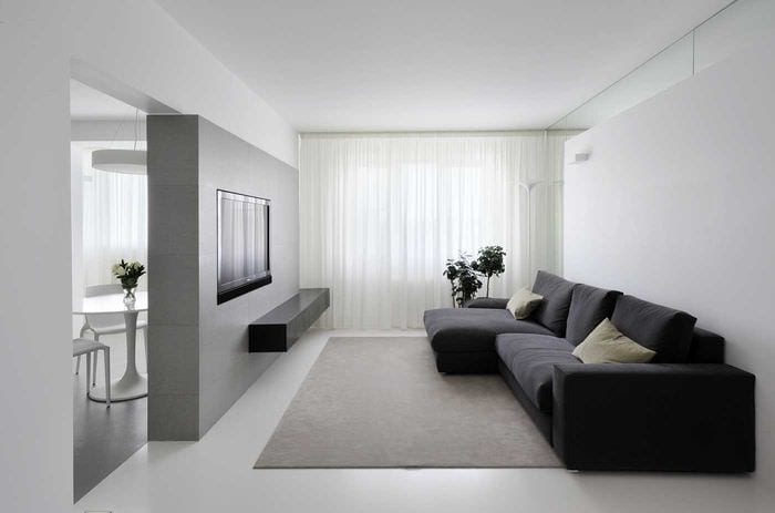 вариант светлого дизайна гостиной комнаты в стиле минимализм
