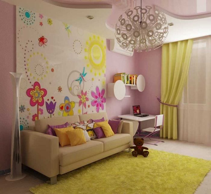 вариант яркого интерьера детской комнаты для девочки 12 кв.м
