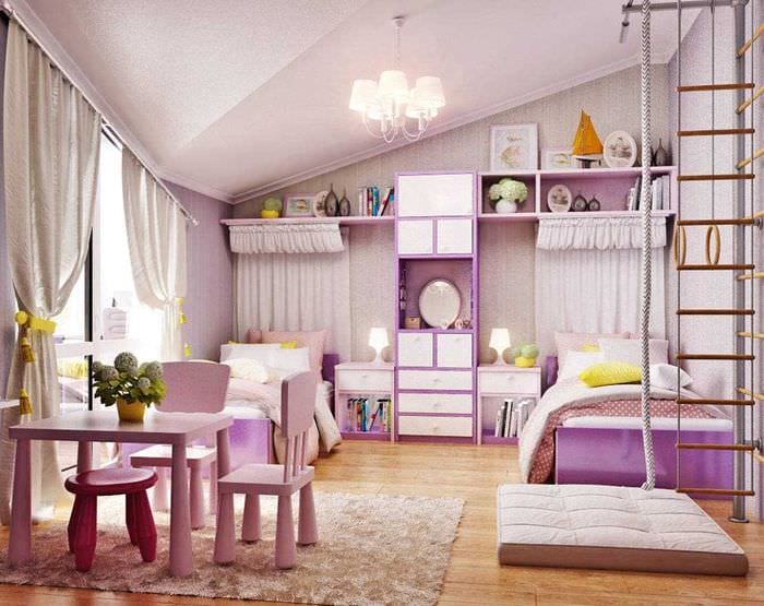 идея светлого интерьера детской комнаты для двоих девочек