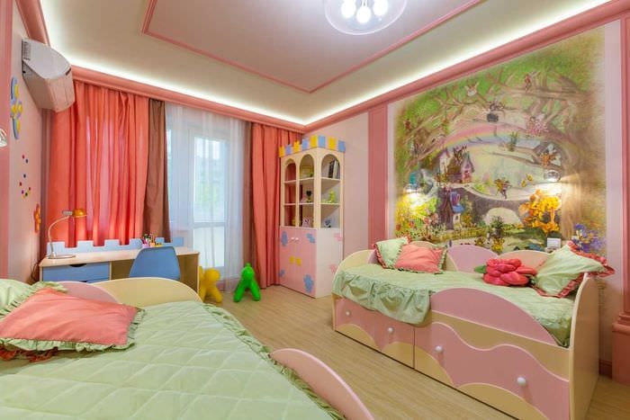 идея красивого дизайна детской комнаты для двоих девочек
