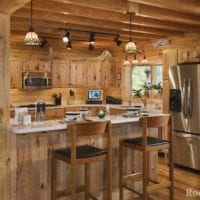 пример яркого интерьера кухни в деревянном доме картинка