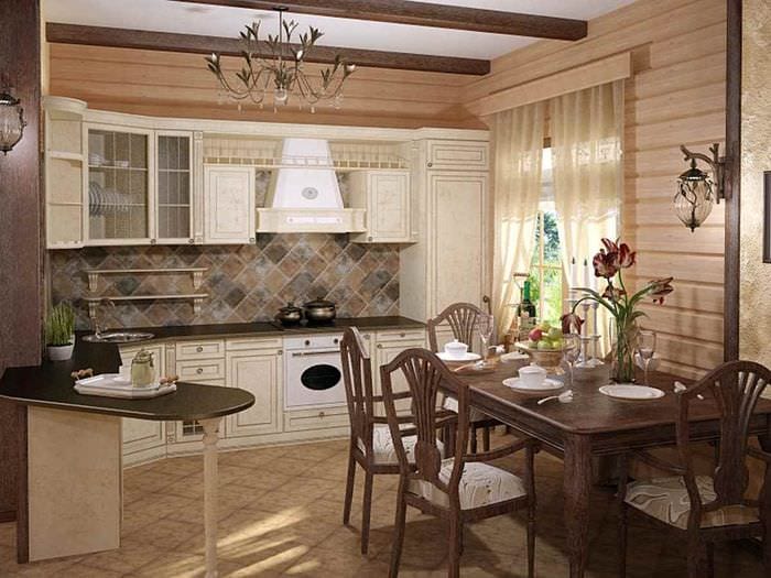 идея яркого интерьера кухни в деревянном доме