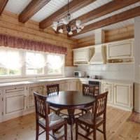 идея светлого стиля кухни в деревянном доме фото