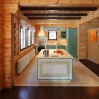 пример светлого интерьера кухни в деревянном доме картинка