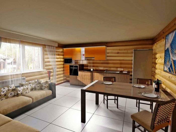 пример светлого дизайна кухни в деревянном доме