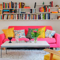 Красный диван и книжные полки в гостиной