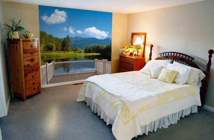 Фотообои с растительным ландшафтом в дизайне спальни