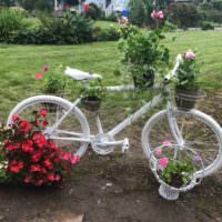 Велосипед с горшками для цветов в оформлении садового участка