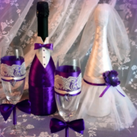 Декор бутылок для свадьбы в фиолетовом цвете