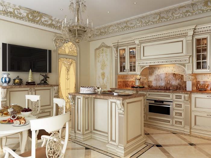 Дизайн интерьера кухни с лепными украшениями