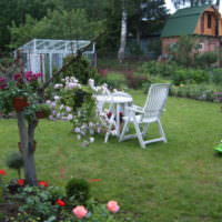 Белая садовая мебель на лужайке