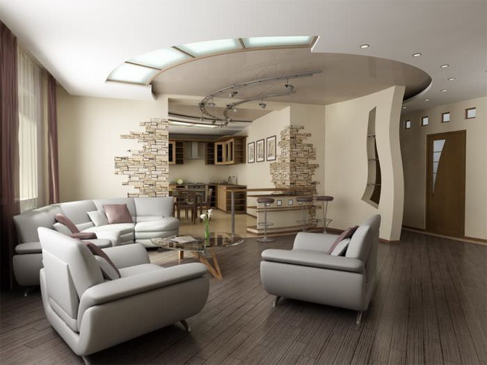 Красивая комбинация натяжного и гипсокартонного потолка в современной гостиной