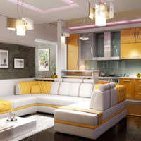 Оранжевая мебель в современной кухне-гостиной