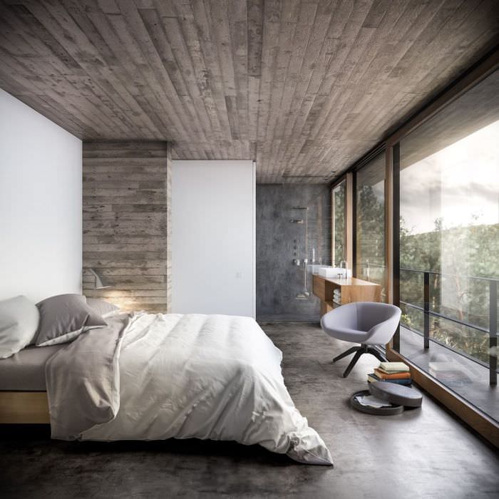 Интерьер спальни с панорамными окнами и потолком из дерева