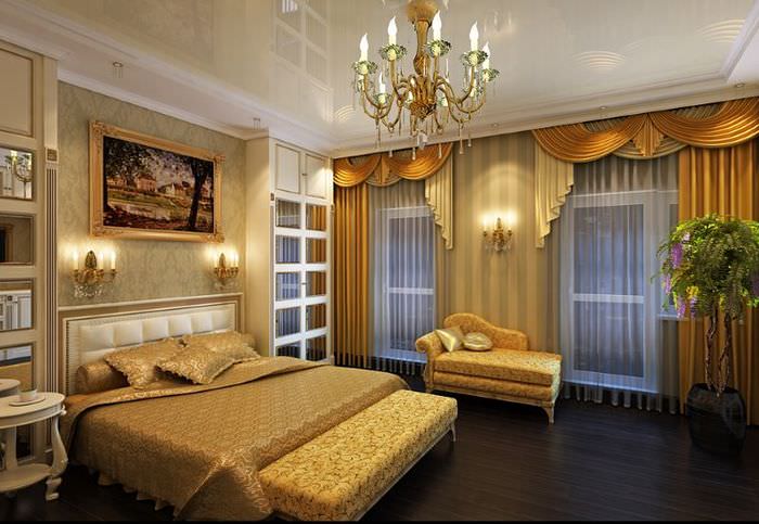 Интерьер спальной комнаты в золотом цвете