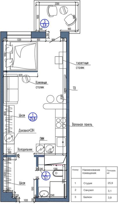 План-схема квартиры студии прямоугольной конфигурации
