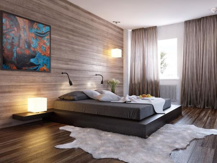 Интерьер спальной комнаты в стиле хай-тек с полупрозрачными шторами