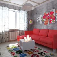 Красный диван в комнате с серыми стенами