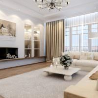 Дизайн белой гостиной с коричневым полом