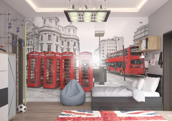 Дизайн детской комнаты в английском стиле может иметь всего одно цветовое пятно – фотообои с видом Лондона. 