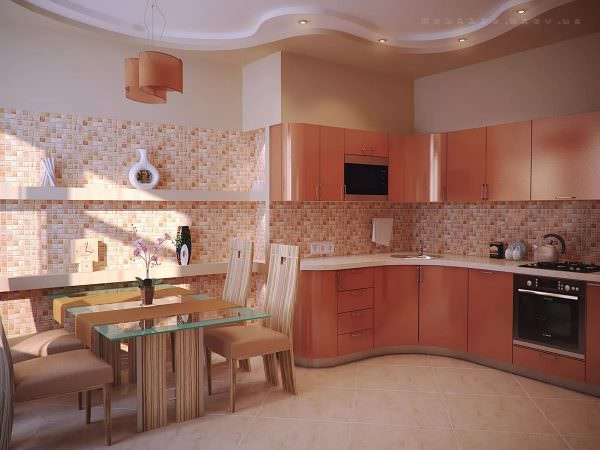 Кухня в персиковых тонах всегда смотрится эстетично, на ней приятно готовить, принимать пищу.