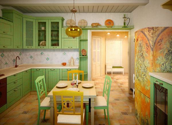 Фисташковый цвет в средиземноморском интерьере кухни смотрится отлично.