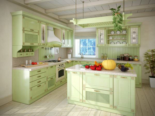 Выбор стиля для кухни цвета фисташек, зависит от оформления всей квартиры.