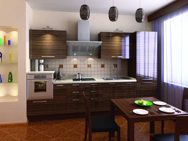 Для кухни-гостиной подойдет цвет сливового дерева или кедра, такая мебель не перегружает обстановку и выглядит нейтральной.