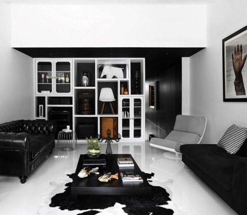 Черно-белый дизайн стен в гостиной